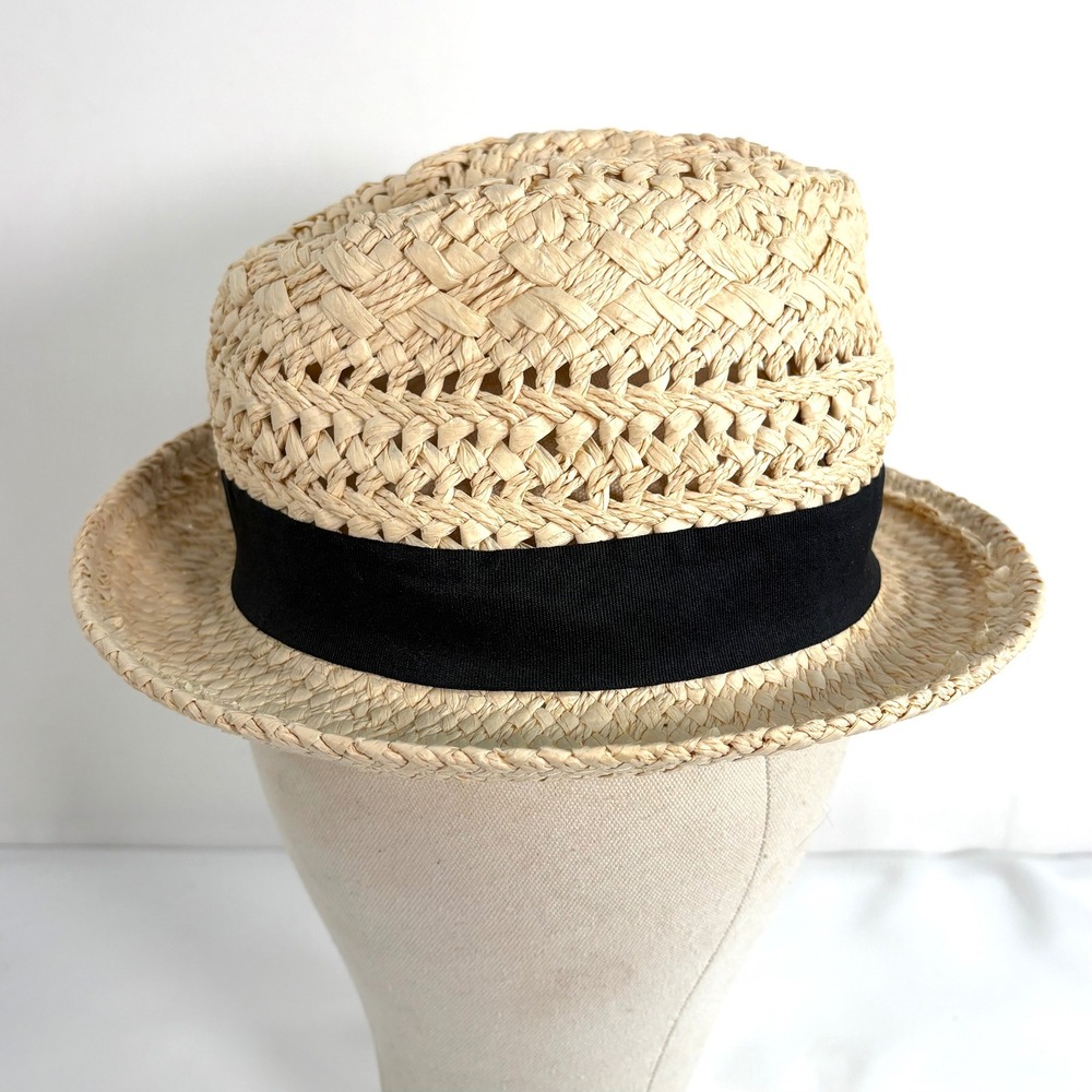 J.Crew Fedora Hat Natural Beige Paper Straw Black Grosgrain Band 11528